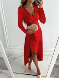 LADIES V-NECK SIDE SLIT WRAP DRESS