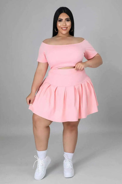 LADIES OFF SHOULDER SHORT-SLEEVED TOP PLEATED SKIRT 2PCS SET
