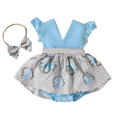 BABY GIRL'S CARTOON V-NECK ROMPER WITH HEADBAND