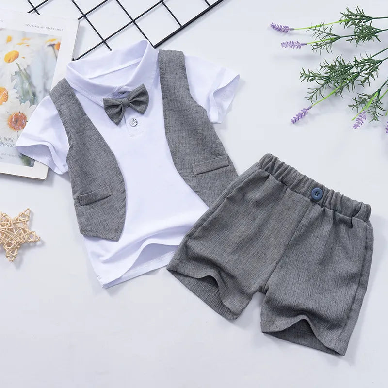 BABY BOY'S SHORT SLEEVE BOWKNOT T-SHIRT AND SHORTS 2PCS SET