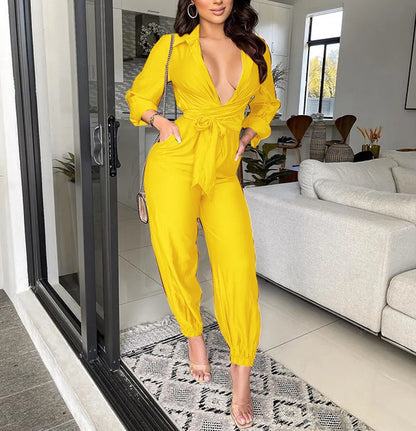 LADIES V NECK WAIST TIE LONG SLEEVE LOOSE JUMPSUIT