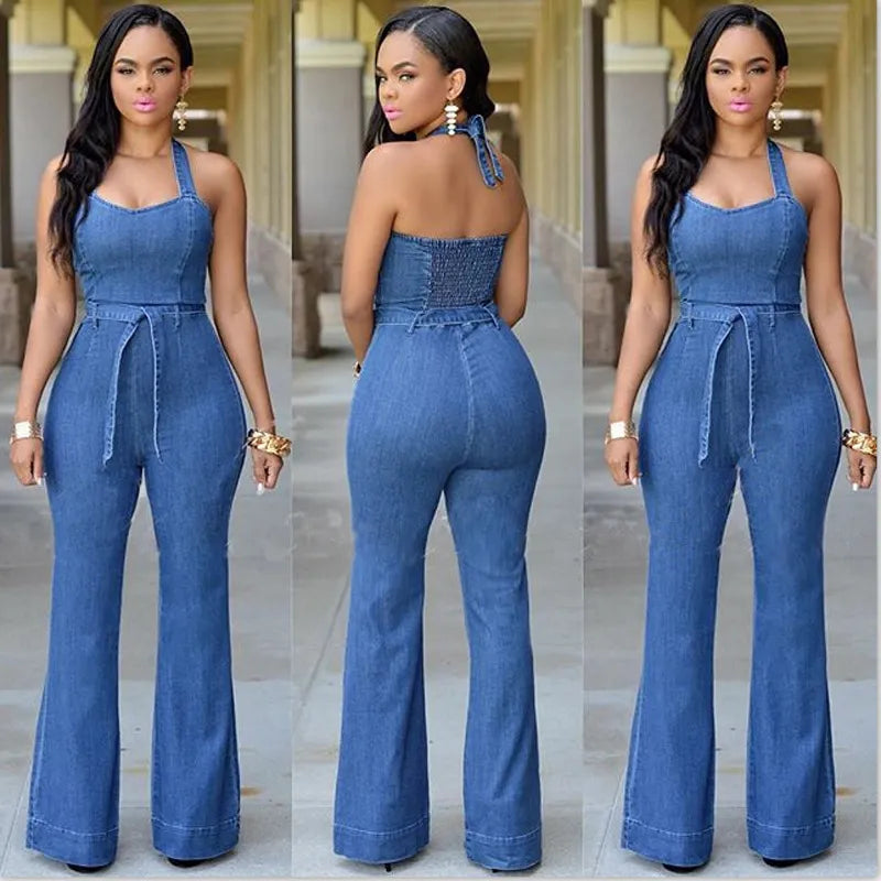 LADIES HALTER NECK BACKLESS DENIM JUMPSUIT