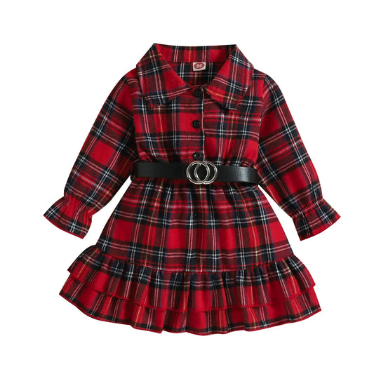 GIRL'S CHRISTMAS RED PLAID LONG SLEEVE FLOUNCED DRESS