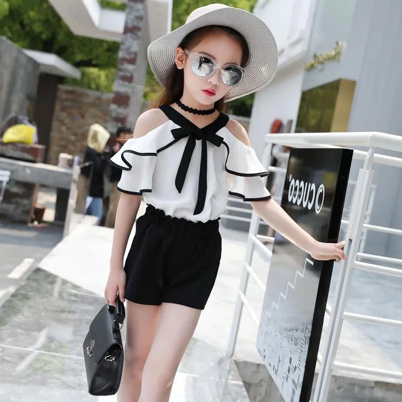 GIRL'S CASUAL SHOULDER T-SHIRT AND SHORTS SET