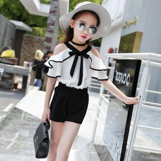 GIRL'S CASUAL SHOULDER T-SHIRT AND SHORTS SET