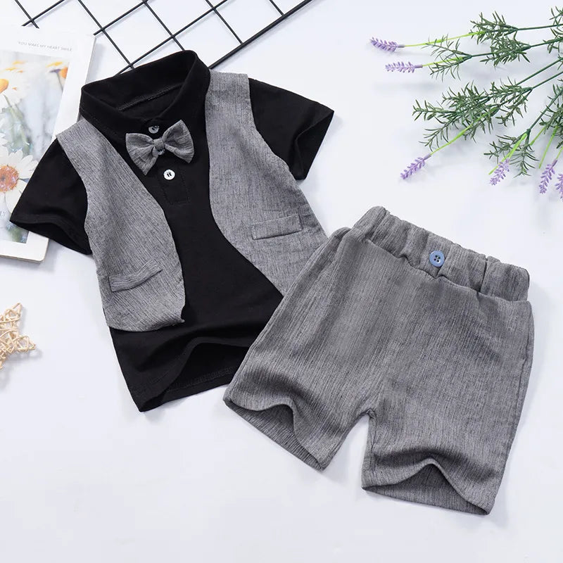 BABY BOY'S SHORT SLEEVE BOWKNOT T-SHIRT AND SHORTS 2PCS SET