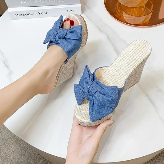 LADIES WEDGE HEEL BOW SLIPPERS