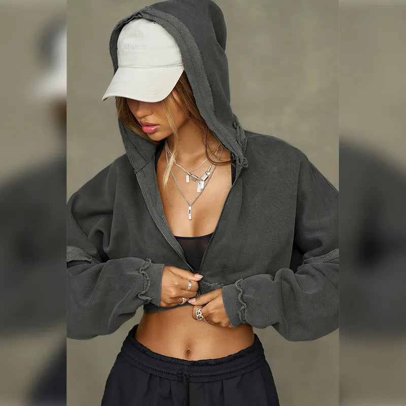 LADIES SOLID COLOR ZIP CROP HOODIE