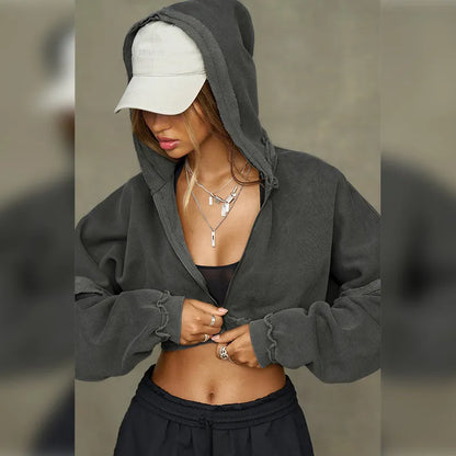 LADIES SOLID COLOR ZIP CROP HOODIE