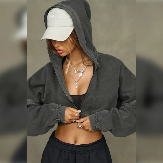 LADIES SOLID COLOR ZIP CROP HOODIE