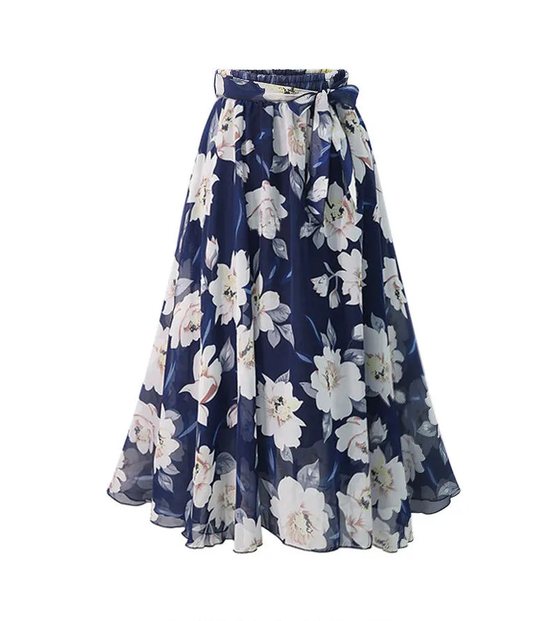 LADIES MID LENGTH HIGH WAIST FLORAL CHIFFON SKIRT