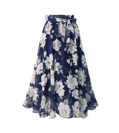 LADIES MID LENGTH HIGH WAIST FLORAL CHIFFON SKIRT