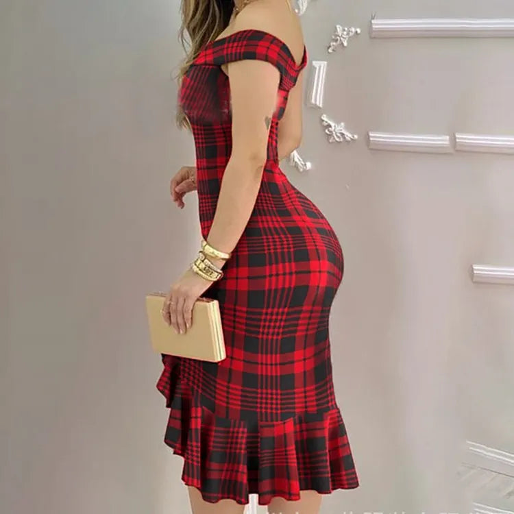LADIES OFF-SHOULDER RUFFLED SPLIT PARTY DRESS