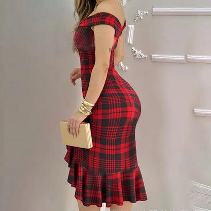 LADIES OFF-SHOULDER RUFFLED SPLIT PARTY DRESS