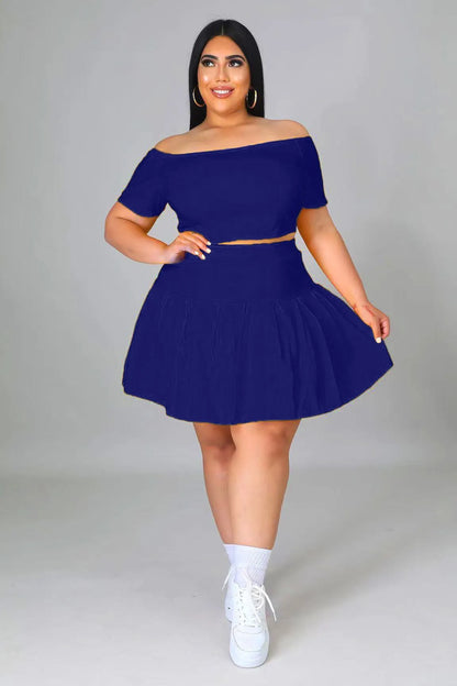 LADIES OFF SHOULDER SHORT-SLEEVED TOP PLEATED SKIRT 2PCS SET