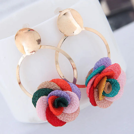 LADIES METAL FLOWER FABRIC EARRINGS