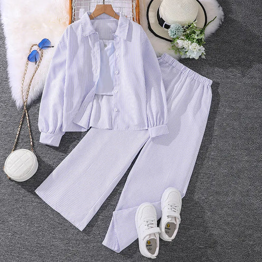 GIRL'S STRIPE LAPEL WIDE -LEG PANTS 2PCS SET
