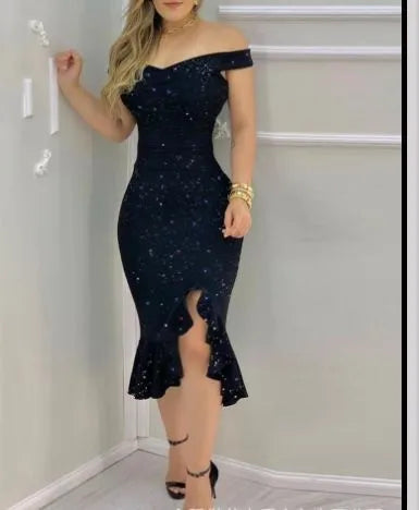 LADIES OFF-SHOULDER RUFFLED SPLIT PARTY DRESS