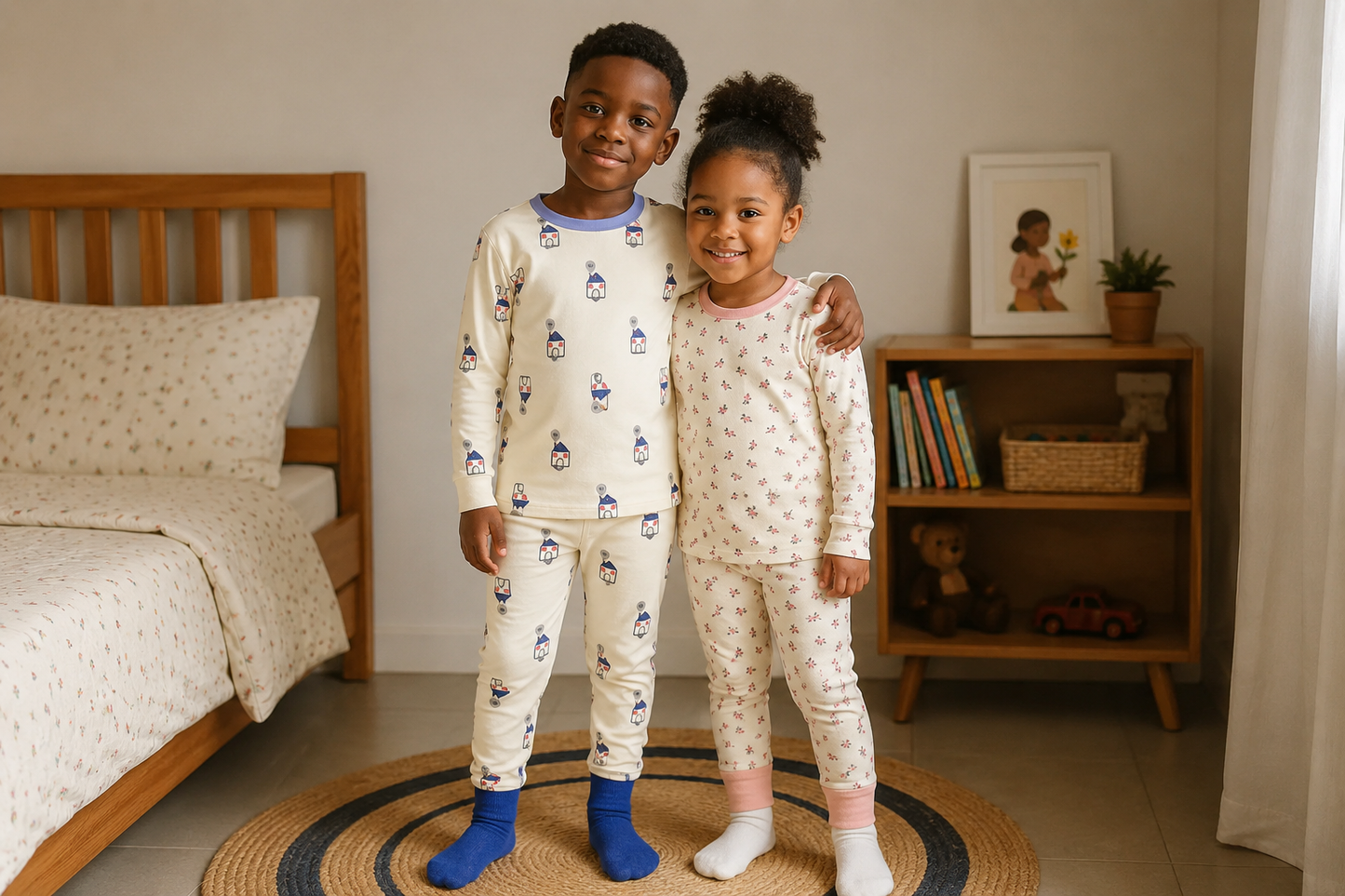 KIDS AUTUMN COTTON PRINTED SLIM  FIT PAJAMAS 2PCS SET