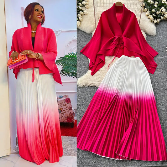 LADIES LACE-UP BLOUSE AND PLEATED SKIRT 2PCS SET `