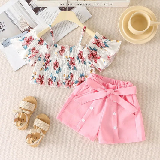 GIRL'S CASUAL FLOWER SHORT SLEEVE OFF SHOULDER TOP SHORTS SETS