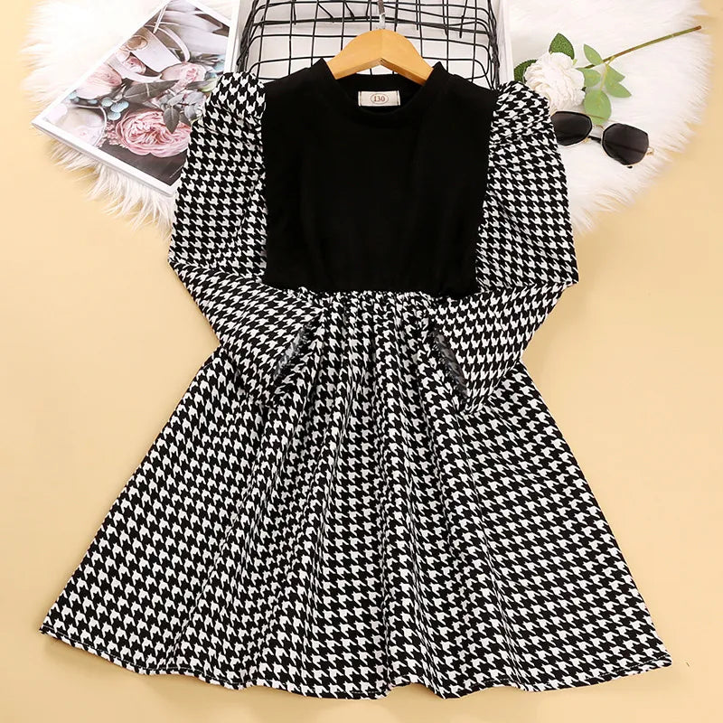 GIRLS ROUND NECK LONG-SLEEVED HOUNDSTOOTH SPLICED DRESS