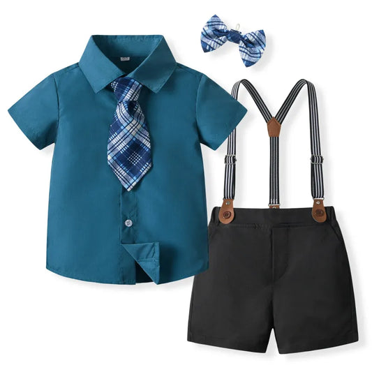 BOY'S PARTY SHORT SLEEVE SHIRT SUSPENDER SHORTS SET