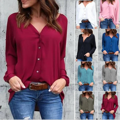 LADIES V-NECK BUTTON LONG SLEEVE LOOSE BLOUSE