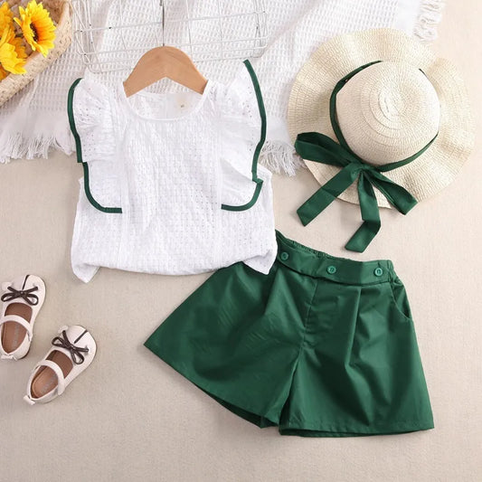 GIRL'S CASUAL RUFFLE SLEEVE TOP AND SHORTS 2PCS SET