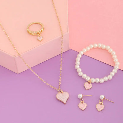 GIRL'S HEART PEARL NECKLACE BRACELET EARRINGS SET