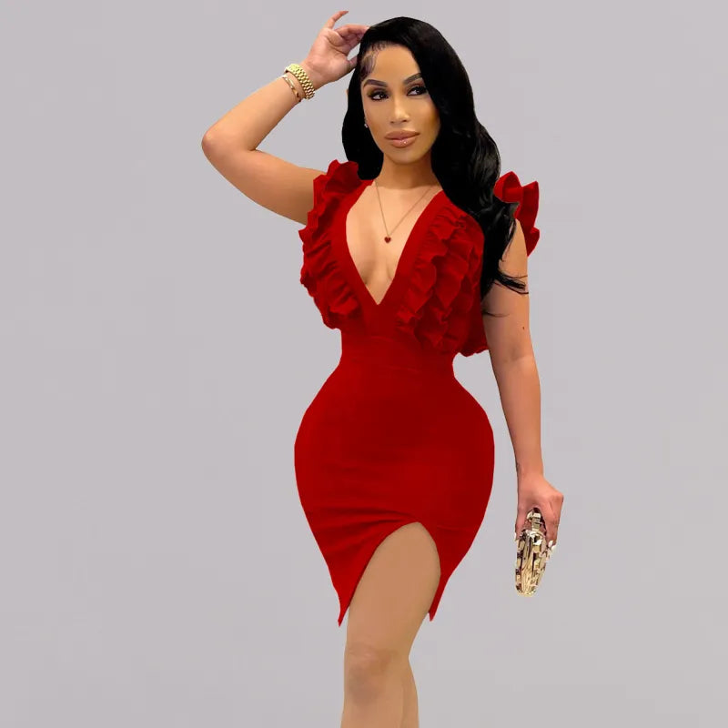 LADIES RUFFLED MINI BODYCON DRESS