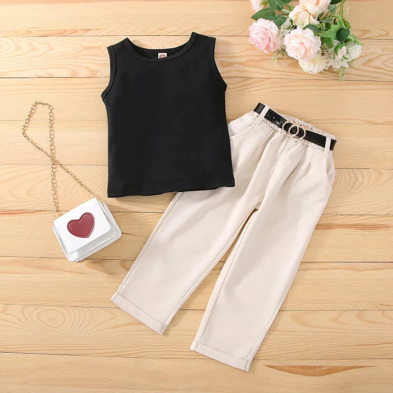 GIRL'S BLACK SLEEVELESS TOP AND PANTS 2PCS SET