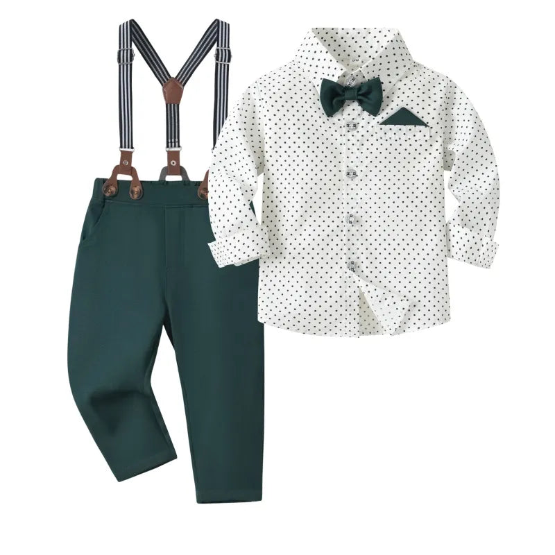 BOY'S POLKA DOT LONG SLEEVE SHIRT SUSPENDER PANTS SET