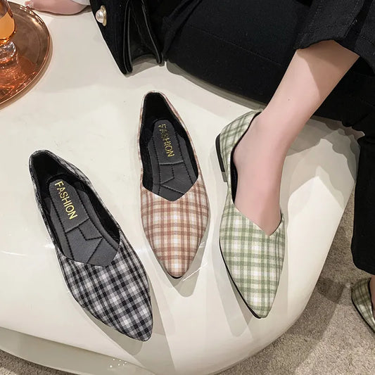 LADIES POINTED TOE PLAID SHALLOW SLIP-ON LOAFERS