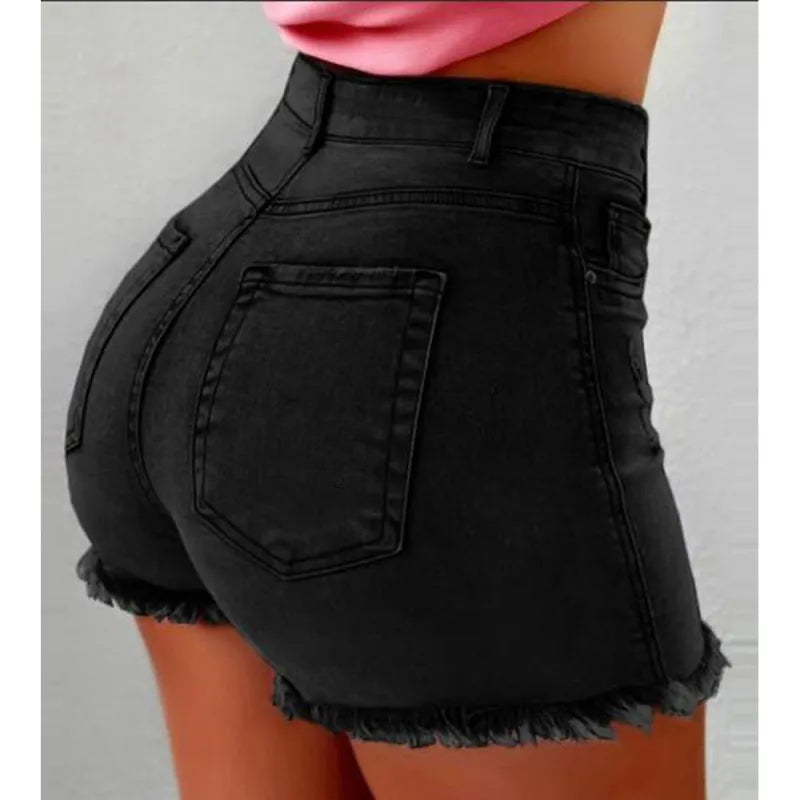 LADIES SUMMER HIGH WAIST RAW HEM DENIM SHORTS