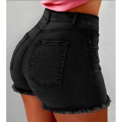 LADIES SUMMER HIGH WAIST RAW HEM DENIM SHORTS