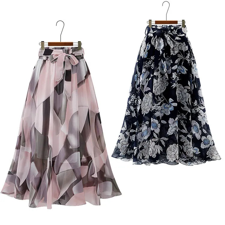 LADIES MID LENGTH HIGH WAIST FLORAL CHIFFON SKIRT