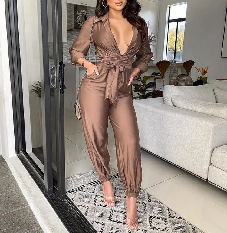 LADIES V NECK WAIST TIE LONG SLEEVE LOOSE JUMPSUIT