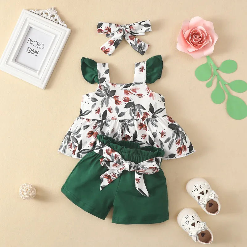 BABY GIRL'S SLEEVELESS FLORAL TOP AND SHORTS 2PCS SET