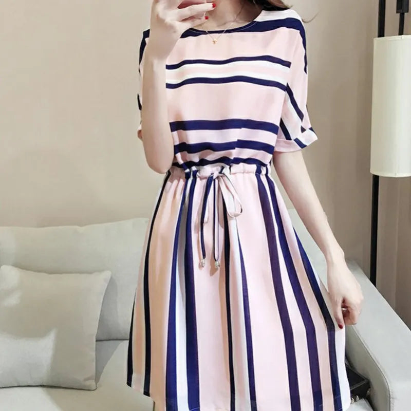 LADIES PETITE STRIPERD WAIST DRESS