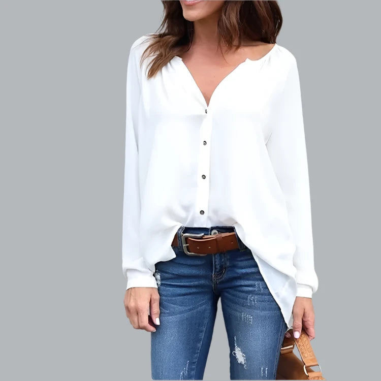 LADIES V-NECK BUTTON LONG SLEEVE LOOSE BLOUSE