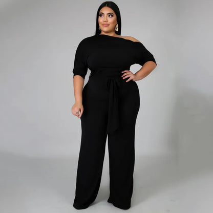 LADIES SLANTED SHOULDER LACE-UP JUMPSUIT