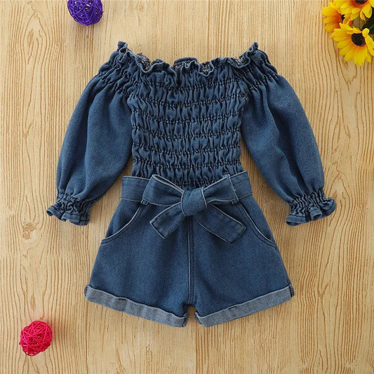 GIRL'S OFF- SHOULDER DENIM JEANS ROMPERS  DRESS