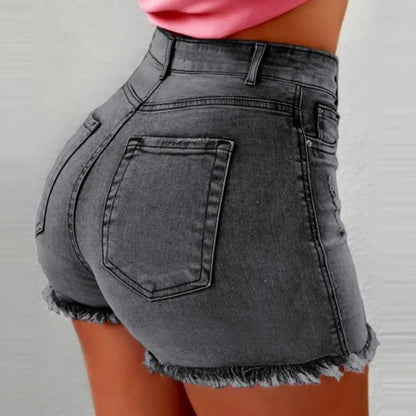 LADIES SUMMER HIGH WAIST RAW HEM DENIM SHORTS