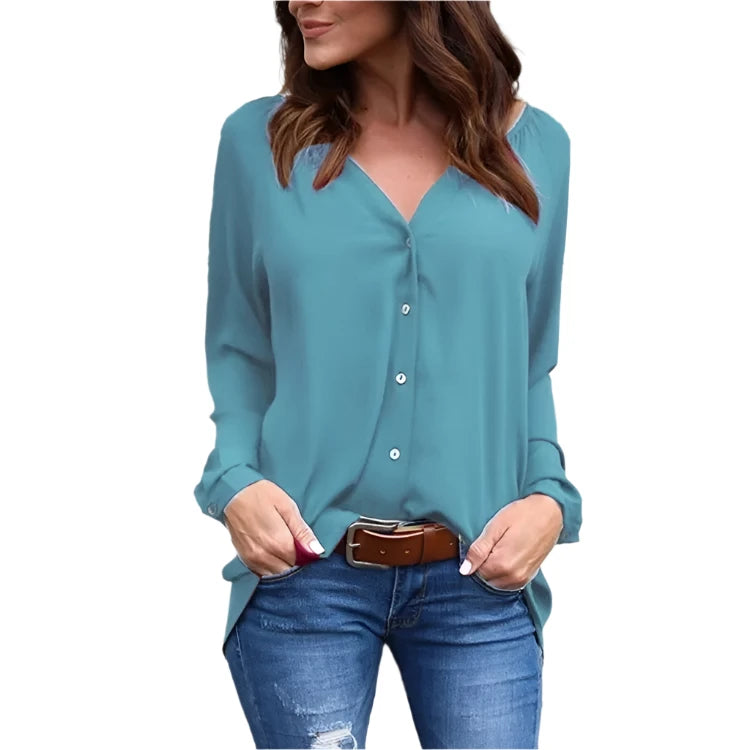 LADIES V-NECK BUTTON LONG SLEEVE LOOSE BLOUSE