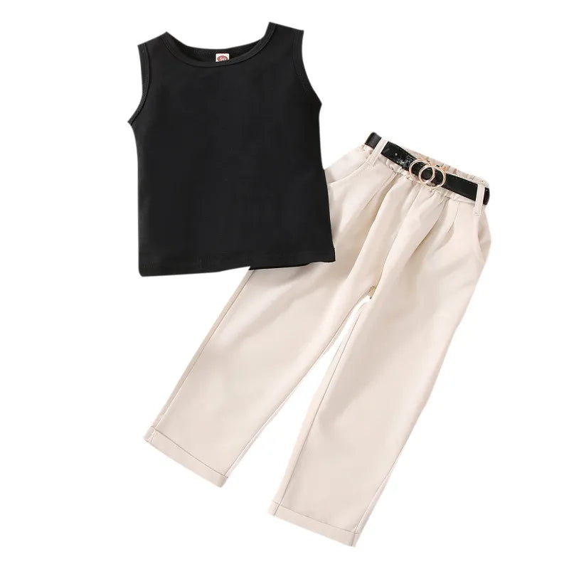 GIRL'S BLACK SLEEVELESS TOP AND PANTS 2PCS SET