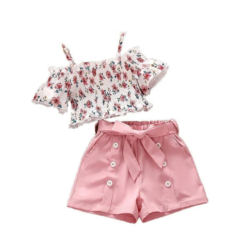 GIRL'S CASUAL FLOWER SHORT SLEEVE OFF SHOULDER TOP SHORTS SETS