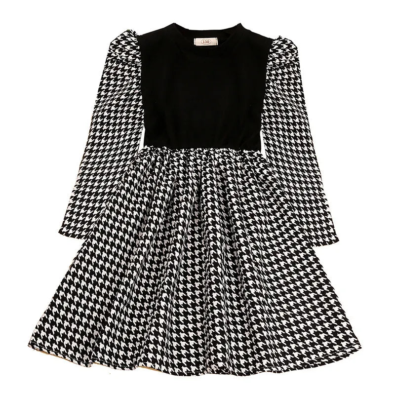 GIRLS ROUND NECK LONG-SLEEVED HOUNDSTOOTH SPLICED DRESS