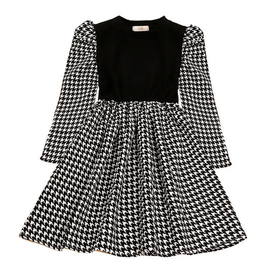 GIRL'S ROUND NECK LONG-SLEEVE HOUNDSTOOTH DRESS