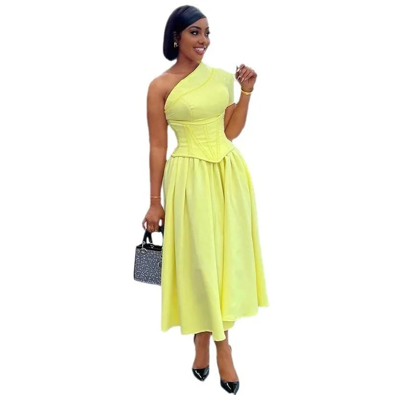 LADIES OBLIQUE SHOULDER SHORT SLEEVE DRESS